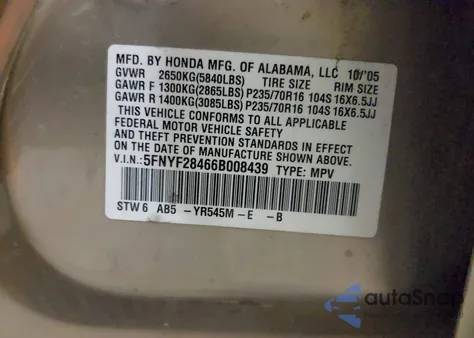 2006 Honda Pilot Ex из США, поврежденный, VIN 5FNYF28466B008439